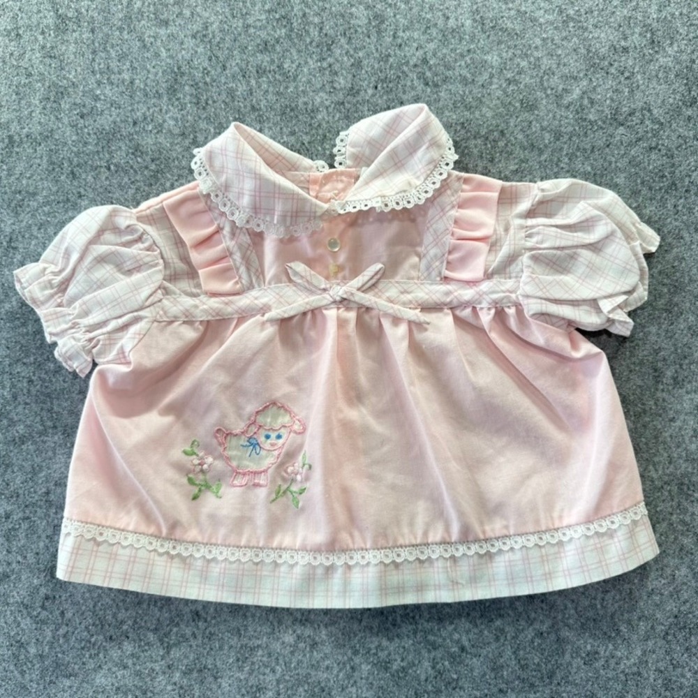 Vintage Cradle Togs Baby Girl Pink Plaid Embroidered Lamb Lace Trim Top